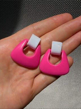 Hot Pink and White Geometric Drop Earrings